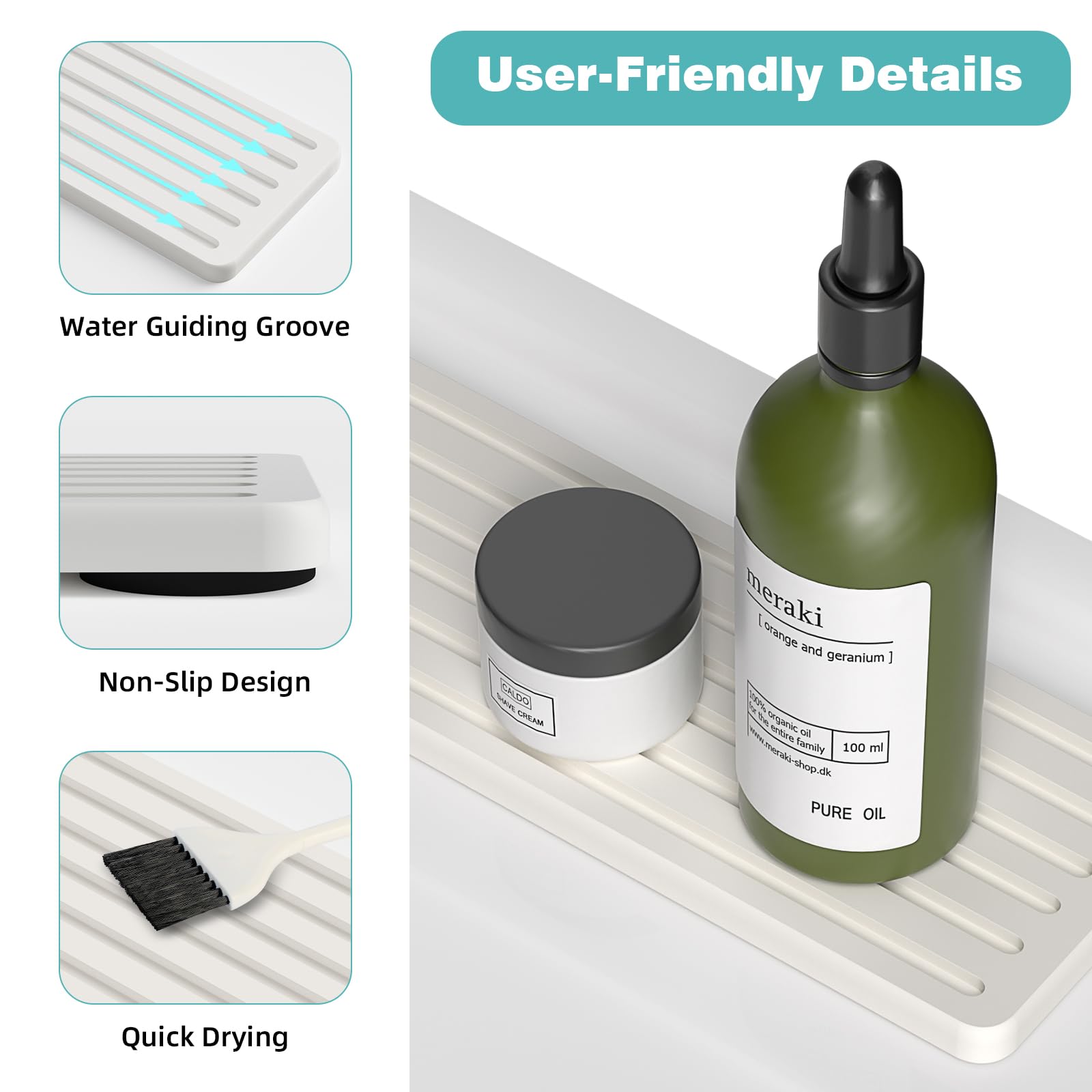 Diatomite Faucet Mat for Kitchen Sink with Raised Pads & Cleaning Brush, Super Absorbent Fast Drying Stone Sink Tray, Splash Guard Protector Mat for Bathroom Counter (White, 23.6" x 3.9")