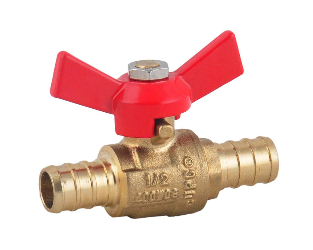 PEX Brass Ball Valve, 1/2-in PEX Lead Free Brass Shut Off Ball Valve with Red & Blue T (Butterfly) Handle, PEX Barb Water Valve with cUPC Certified for Cold and Hot Water (4-Pack)