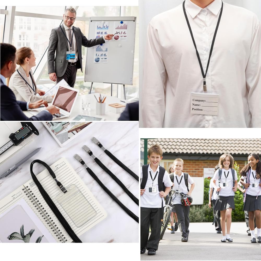 120pcs Tag Protector Holder Kit, Include 60pcs Clear Plastic Horizontal Name Tags Badge Id Card Holders and 60pcs Black Lanyards,for Office School Travel,Seminars,Trade Shows