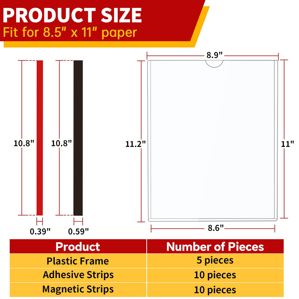 JR-MOV Magnetic Sign Holder 8.5 x 11 - Rigid Plastic Wall Sign Holder Reusable Adhesive Frames, Magnetic Frame for Refrigerator Door Window, Clear Rigid Print Protectors for Paper Picture, 5 Pack