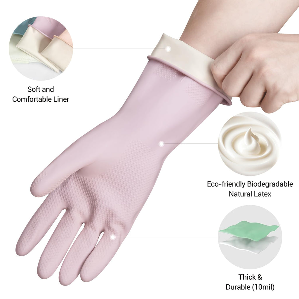 ThxToms 4 Pairs Reusable Rubber Gloves, 13" Natural Latex, 10mil Thick Heavy Duty Dishwashing & Cleaning Gloves, Non-Slip Grip, Multi-Color, Ideal for Kitchen, Bathroom, Car, & Garden Cleaning, Large