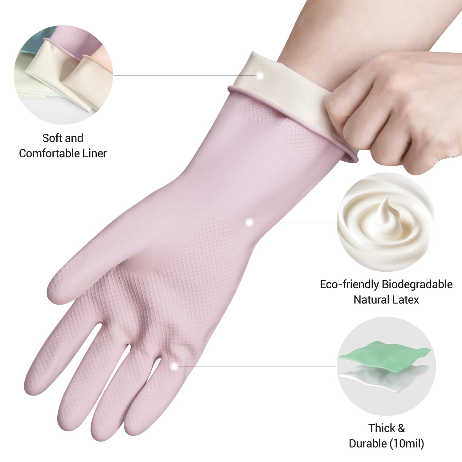 ThxToms 4 Pairs Reusable Rubber Gloves, 13" Natural Latex, 10mil Thick Heavy Duty Dishwashing & Cleaning Gloves, Non-Slip Grip, Multi-Color, Ideal for Kitchen, Bathroom, Car, & Garden Cleaning, Large