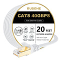 BUSOHE CAT8 Ethernet Cable 20ft, High Speed Flat Internet Computer Patch Cord, 40Gbps 2000Mhz Faster Than Cat7/Cat6/Cat5, RJ45 Flat Cable Shielded in Wall, Indoor/Outdoor White