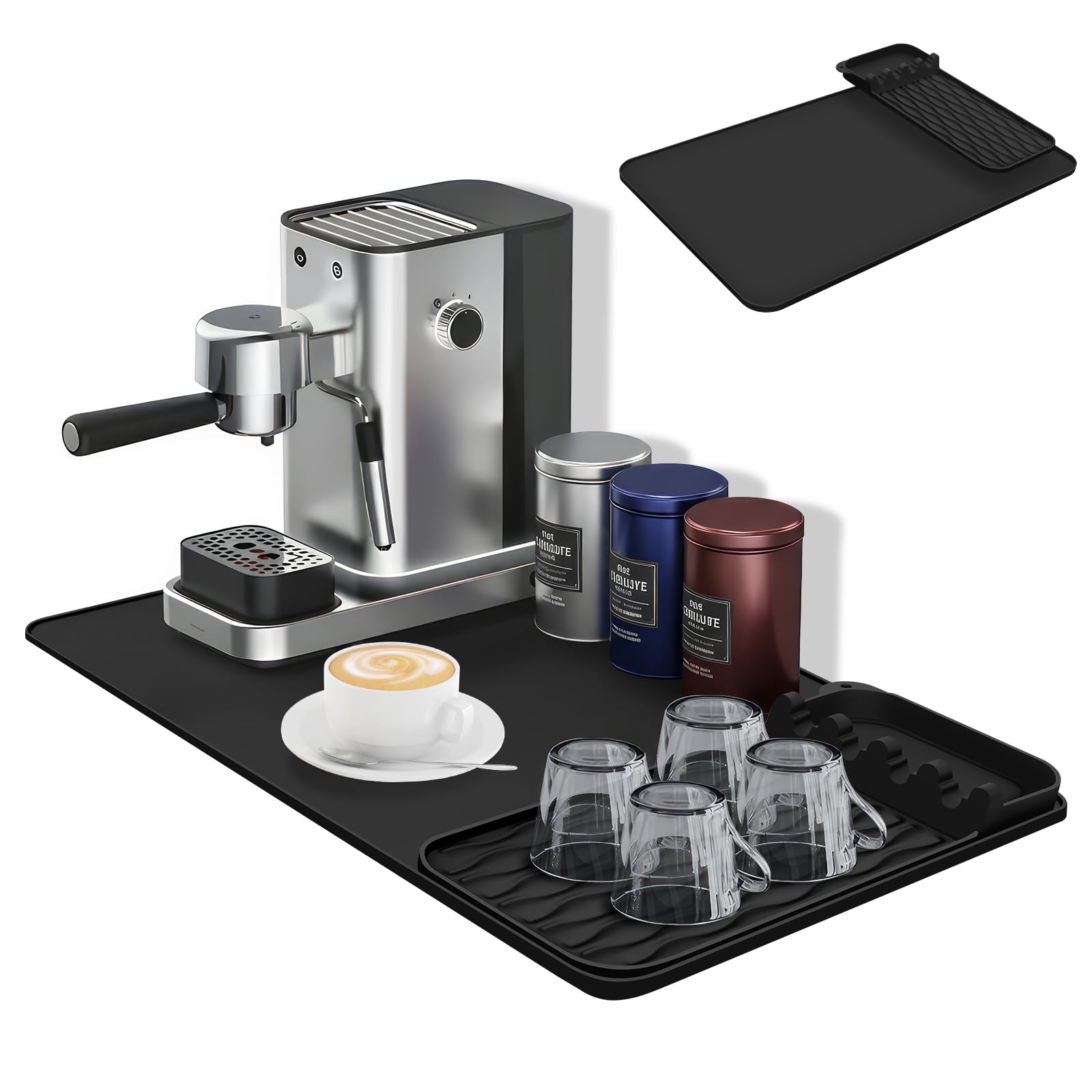 Silicone Coffee Mat 16''x18'' Bar Mat, Ninja Luxe Cafe Accessory with Detachable Dish Drying Mat - Fits Under Coffee Maker and Dish Rack