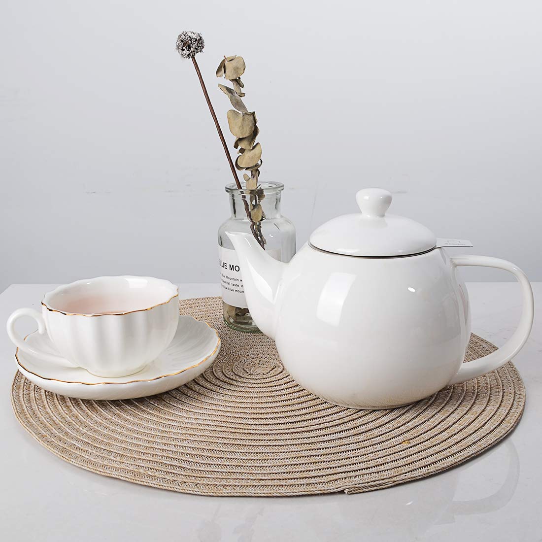 Sweejar Porcelain Teapot with Infuser and Lid,Teaware with Filter 30 OZ for Tea/Coffee/Milk/Women/Office/Home/Gift(White)