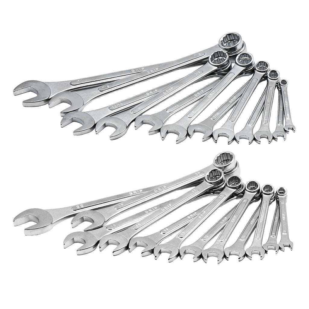 Grip 24 pc All-Purpose Master Combination Wrench Set MM/SAE - Metric 7mm to 22mm - SAE 1/4” to 1" - Roll-up Pouch - General Household, Garage, Auto Repairs, Cars, Trucks, Boat