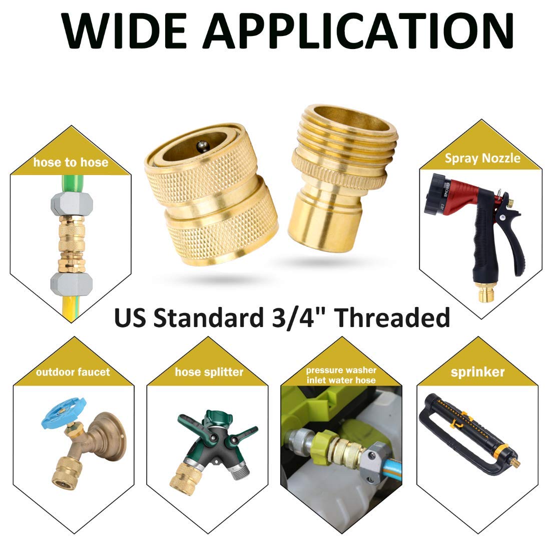 STYDDI Brass Full Flow Garden Hose Quick Release Connect Adaptor Fitting - Full Port Outdoor Water Quick Disconnect Connector Coupler With Male and Female - 3 Sets, 4 Washers