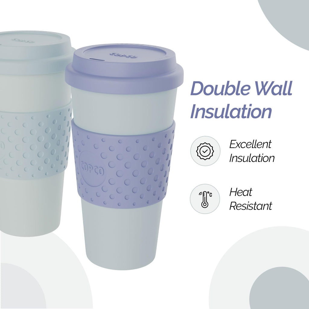 Copco Acadia 16oz Travel Mug with Lid, Set of 2 Double Wall Insulated Tumbler, Non-Slip Sleeve and BPA-Free - Microwave & Dishwasher Safe, Reusable Plastic To Go Travel Coffee Mug (Purple/Teal)
