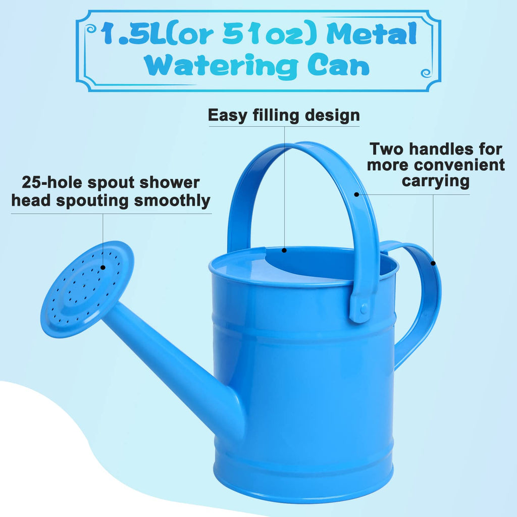 Finderomend Metal Watering Can 1.5L/51oz, Iron Art for Kids Watering Can, Watering Can for Outdoor Plants Home Office Small Portable Indoor Watering Equipment (Blue)