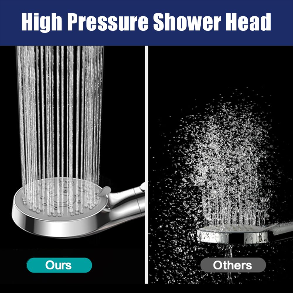 High Pressure Shower Head with ON/Off Pause Switch Button, 5 Spray Handheld Showerhead with Hose and Adjustable Bracket, Chrome, Easy to Wash Hair, Kid Bath, Pet Bath