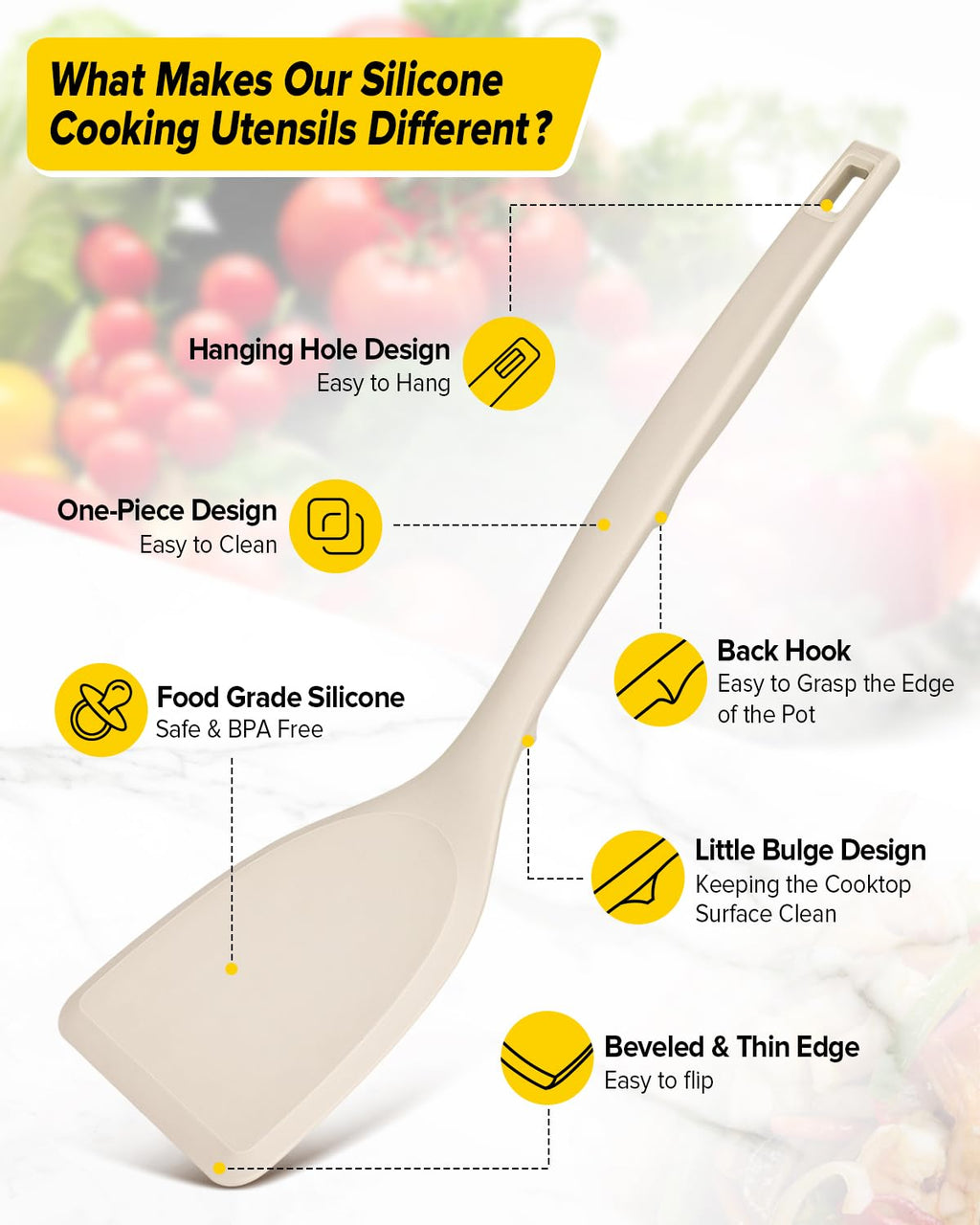 Pack of 4 Silicone Cooking Utensils Set, Non Stick Solid Spatulas and Heat Resistant Slotted Spoons with Back Hooks, Ideal BPA Free Kitchen Utensils Set for Frying,Serving,Turning,Stirring(Khaki)