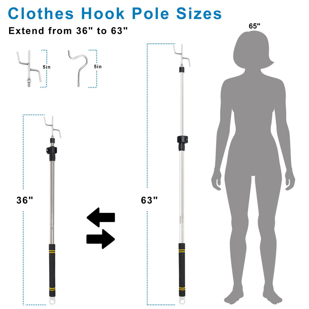 Greeily Clothes Hanger Reaching Hook, High Reach Garment Hook Telescopic Adjustable 37" to 63" for Hanging Clothes Plants Bird Feeders Christmas Light Pole Stainless Steel Material with 2 Long Hooks