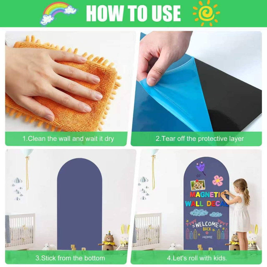 Magnetic Chalkboard for Wall Large Arch Magnetic Wall Decal Peel and Stick Self Adhesive Blackboard with 79 Magnetic Letters Dust-Free Chalk Marker Holder for Playroom Home School Classroom