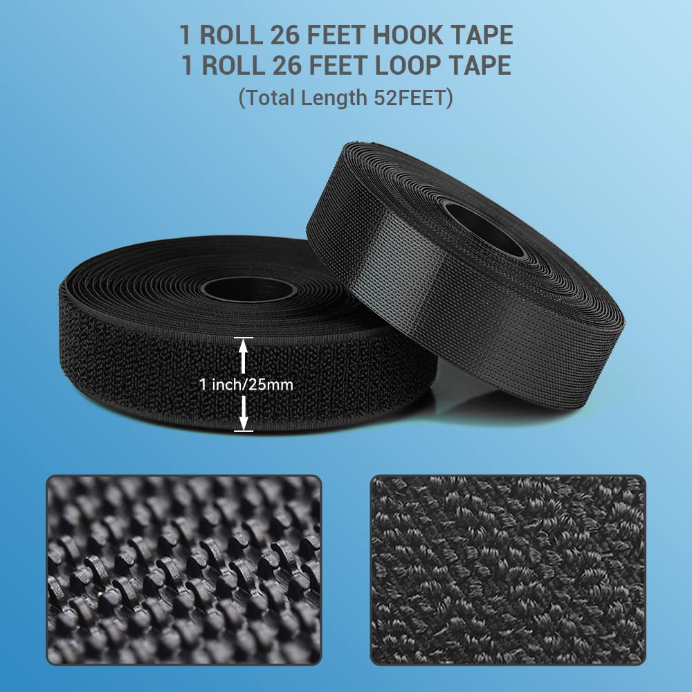 KRUI 26 Feet x 1 Inch Hook and Loop Tape Roll, Heavy Duty Industrial Fastener, Hook and Loop Strips with Adhesive, Sticky Back Fastener for Indoor Outdoor Use