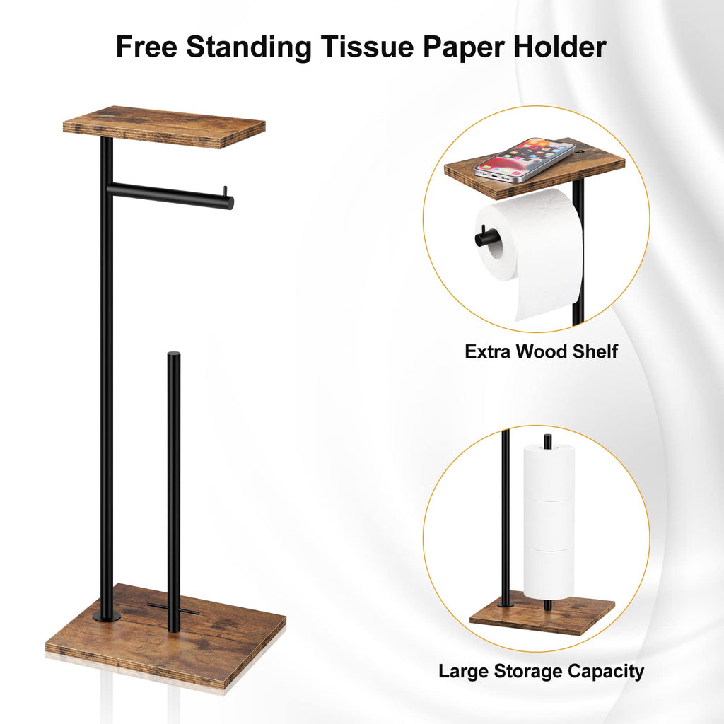 Toilet Paper Holder Stand Toilet Paper Roll Holder with Shelf Free Standing Toilet Tissue Holder Black Toilet Paper Storage Holder with Reserve for for Bathroom Holds Wipe, Mobile Phone, Mega Rolls