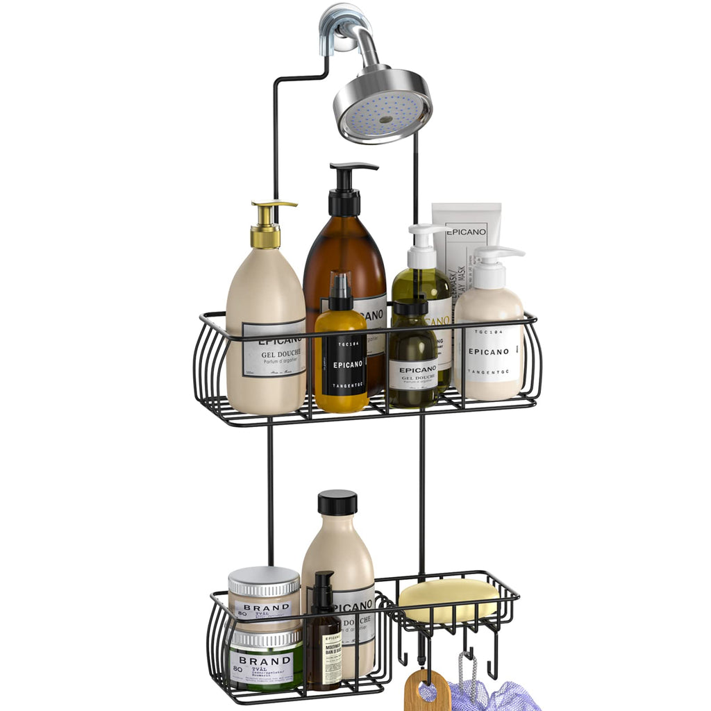 Epicano Anti-Swing Hanging Shower Caddy, Over Head Shower Caddy Rustproof with Hooks for Towels, Sponge and More, Metal Black