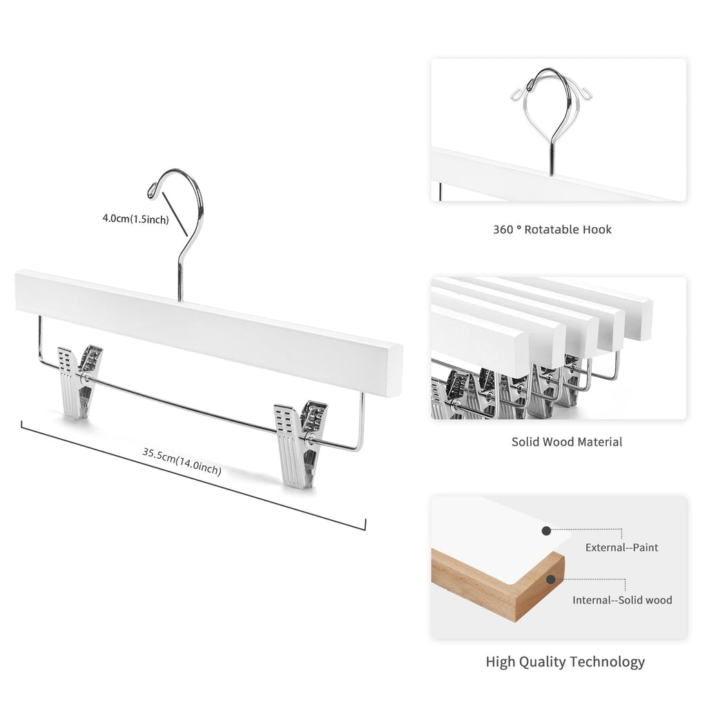 Nature Smile Solid Lotus Wood Deluxe Wooden Pants Hangers Bottom Hanger Jeans Hanger Skirt Hanger with 2-Adjustable Clips Anti-Rust Hook Pack of 10 (White)