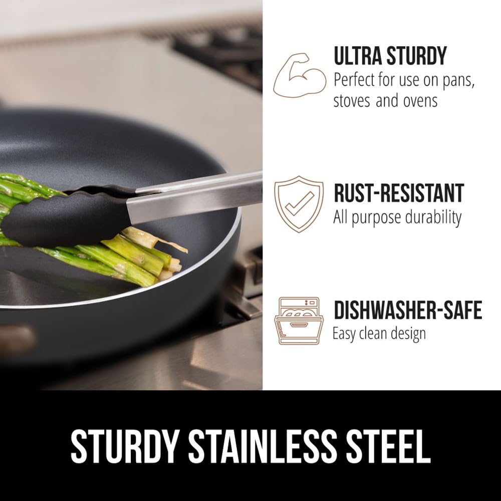 GORILLA GRIP Stainless Steel Silicone Cooking Tongs, Set of 2, Includes 9 and 12 Inch Locking Kitchen Tong, Heat Resistant Tip, Strong Grip for Grabbing Food, Perfect for Nonstick Pans, BBQ, Black
