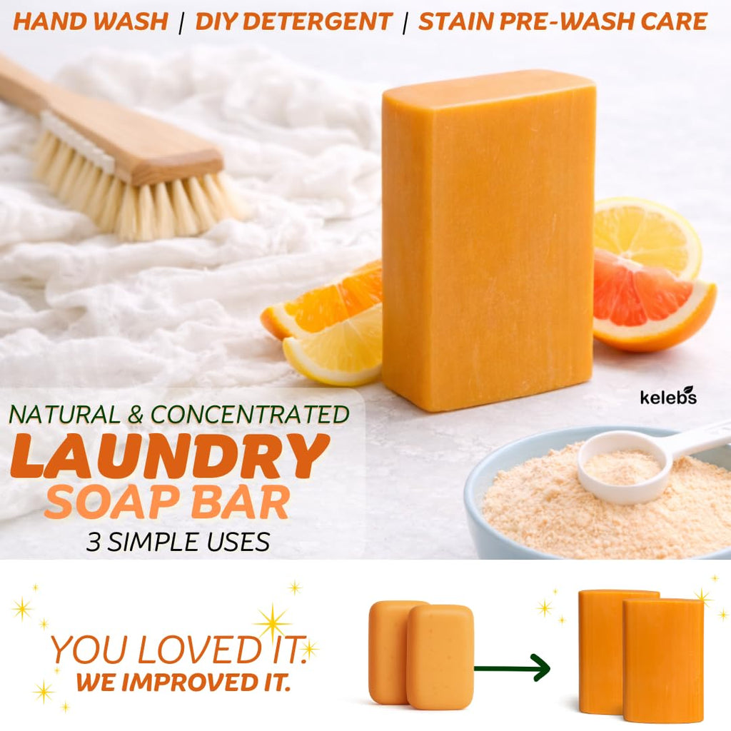 KELEBS Laundry Soap Bar - Natural Citrus Formula with Organic Ingredients - Stain Remover for Delicate Clothes, Underwear, Collar - 2 Bars | Aluminum Packaging