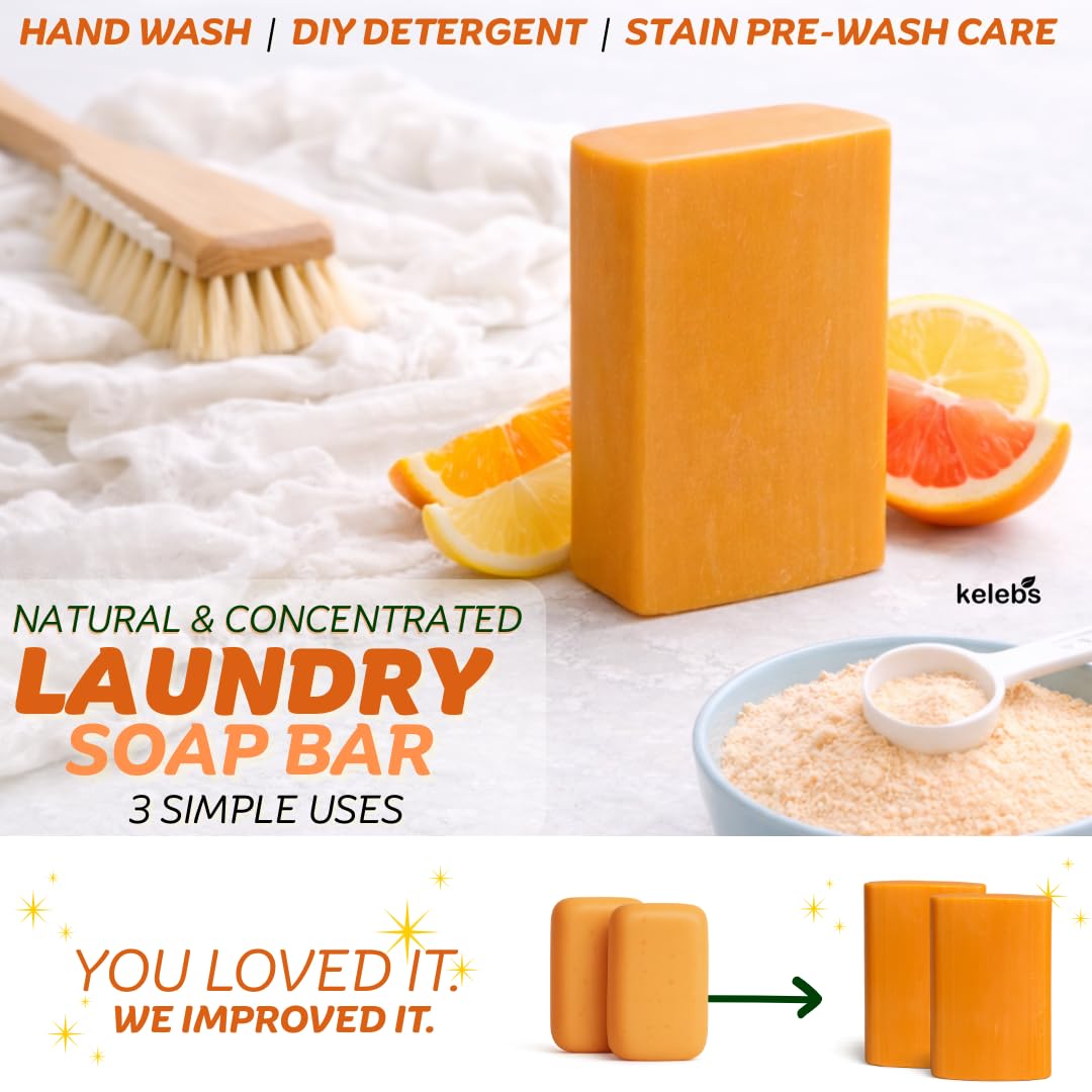 KELEBS Laundry Soap Bar - Natural Citrus Formula with Organic Ingredients - Stain Remover for Delicate Clothes, Underwear, Collar - 2 Bars | Aluminum Packaging
