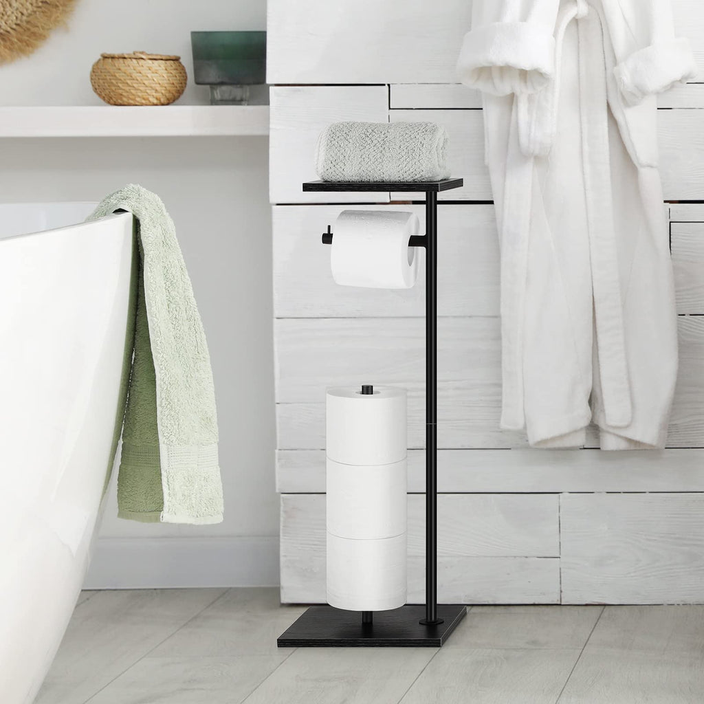 YBING Toilet Paper Holder Stand with Top Storage Shelf Black Toilet Roll Paper Holder Free Standing Tissue Holder Stand Bathroom Standing Toilet Roll Dispenser Storage Wood