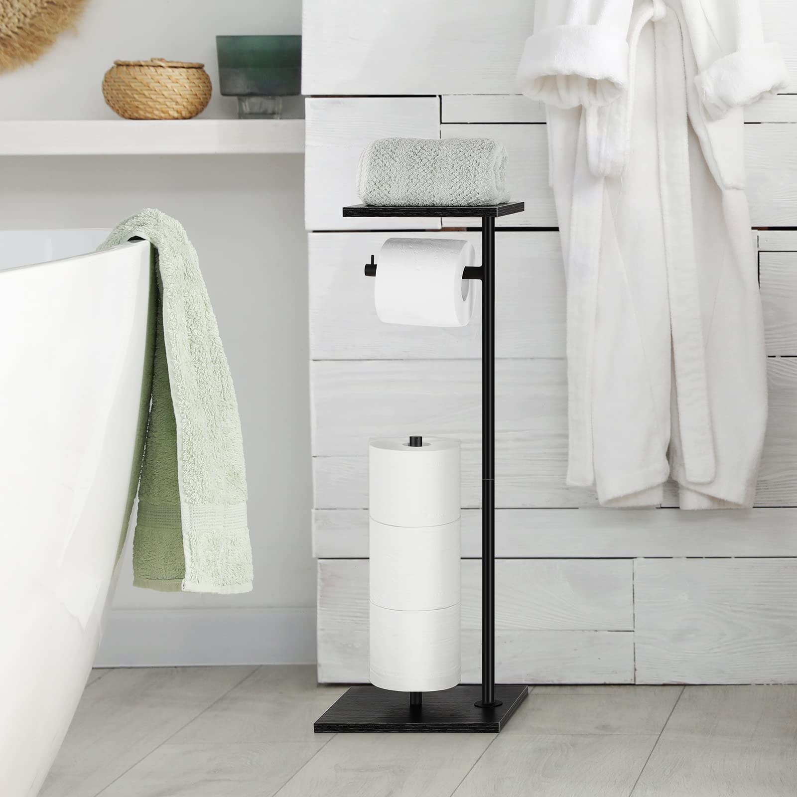 YBING Toilet Paper Holder Stand with Top Storage Shelf Black Toilet Roll Paper Holder Free Standing Tissue Holder Stand Bathroom Standing Toilet Roll Dispenser Storage Wood