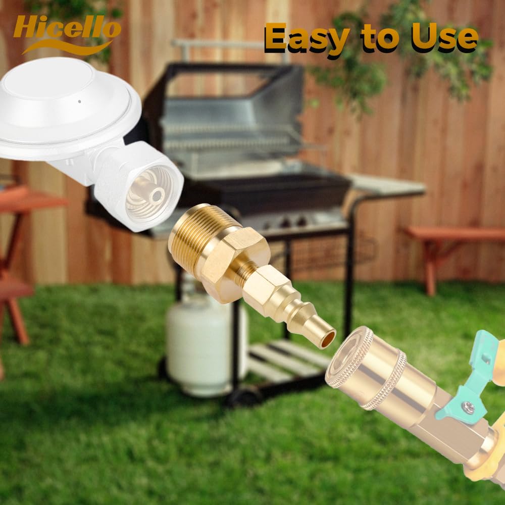 Hicello 2pcs 1/4" Quick Connect Plug with 1"-20UNEF Male Thread Connect 1LB Propane Regulator Adapter, Solid Brass Propane Connect Convert Fitting for BBQ Grill, Heater Hook Up RV Trailer Gas Supply
