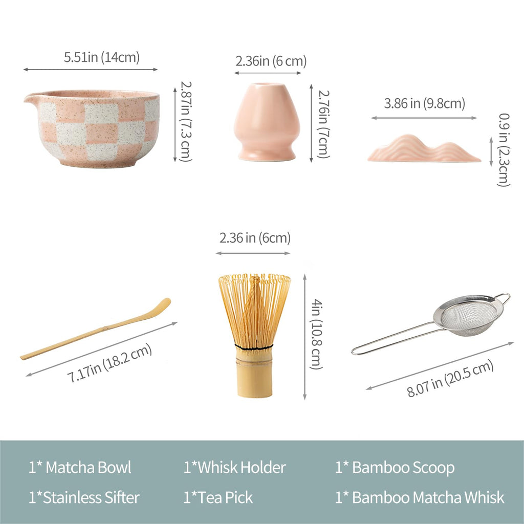 7pcs Traditional Matcha Tea Ceremony Set, Purple Ceramic Bowl with Bamboo Whisk, Holder and Strainer (Pink grid)