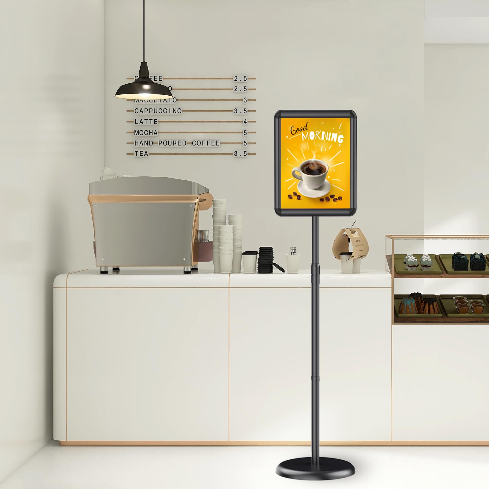Newzueby Pedestal Floor Stand Sign Holder for 8.5*11 inches Poster or chalk board, Snap open frame,360° Rotation,Outdoor Indoor Standing Display Sign Holders for commerical, directional use, Black