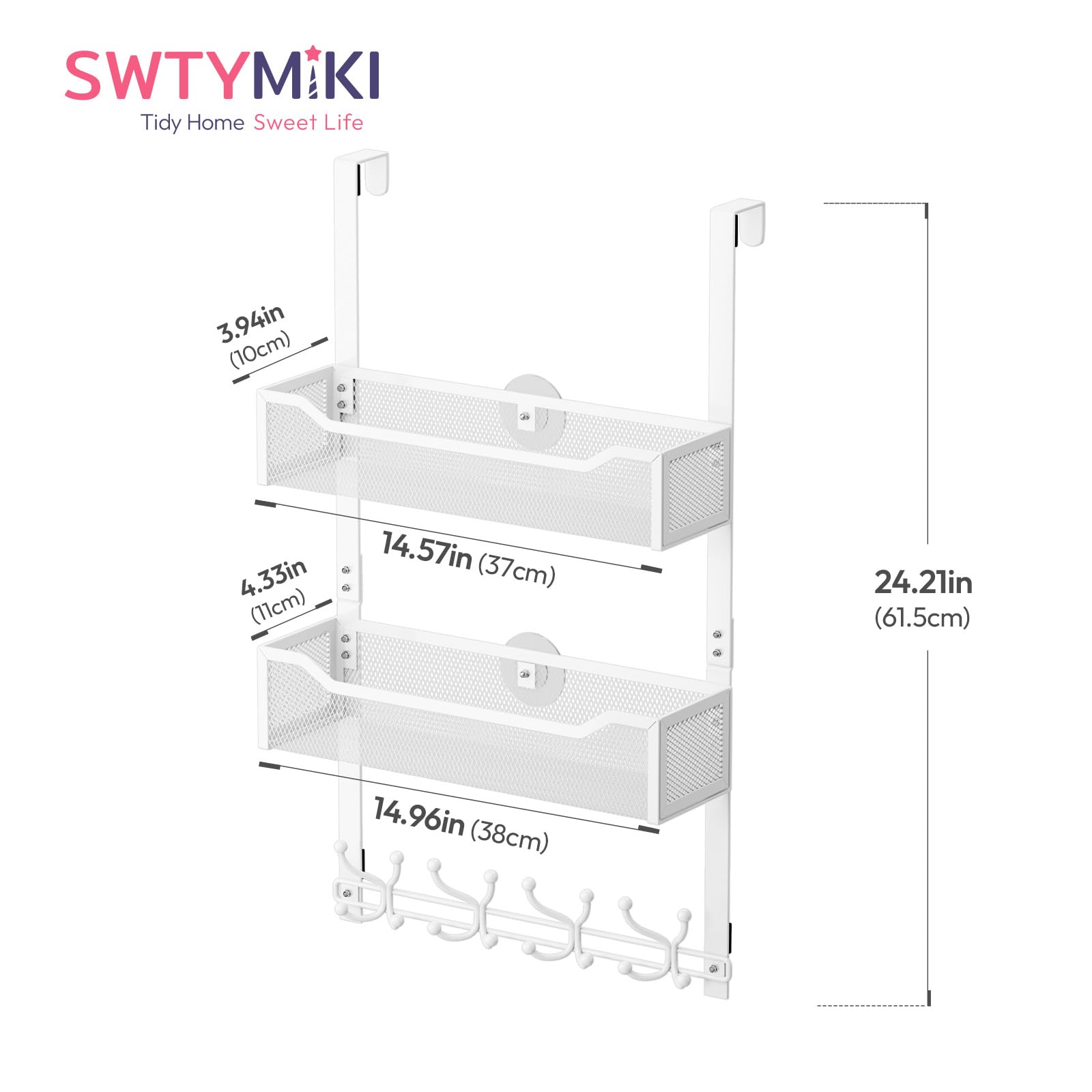 SWTYMIKI Over The Door Hook with 16 Hooks & 2 Mesh Baskets - Heavy Duty Over The Door Organizer Hanger for Towels, Coats, Clothes - Space Saving Hanging Rack for Bathroom, Living Room, White