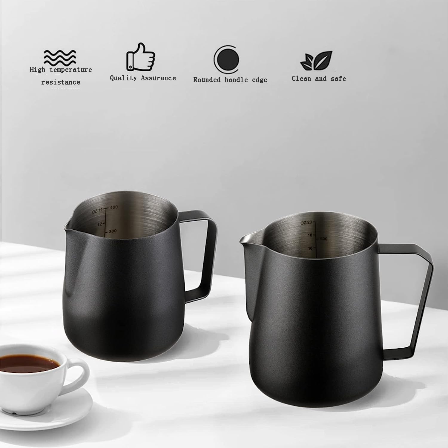 Milk Frothing Pitcher 20oz/600ml, Stainless Steel Espresso Steaming Pitcher Milk Jug, Perfect for Cream, Coffee, Water, Juices, Smoothies Black