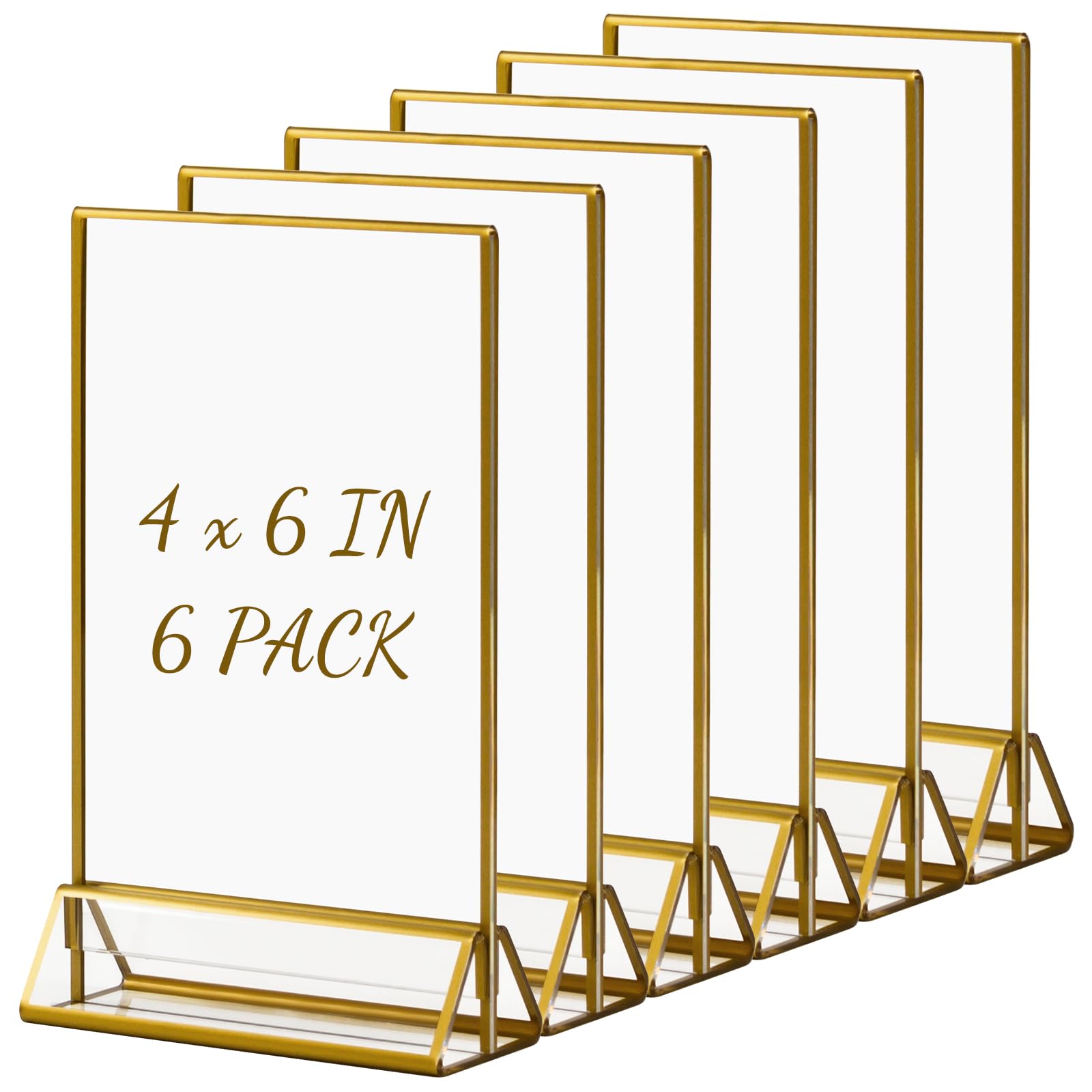 Boxalls Acrylic Sign Holders 4x6 in / 10 x 15 cm Gold 6 Pack, Picture Frame Table Number Wedding Holder, Vertical Photo Stand Double Sided, Menu Recipe Restaurant Reserved Display Centerpieces Bulk Frames