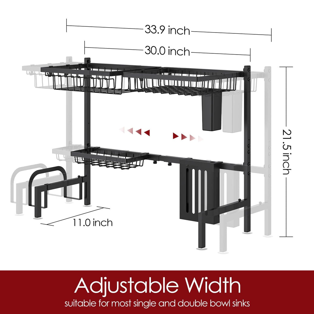 Sakugi Dish Drying Rack Over The Sink – Large Capacity Stainless Steel Dish Drainer, Multifunctional Kitchen Organizer, Black, 28 × 76–86 × 54 cm (D × W × H)