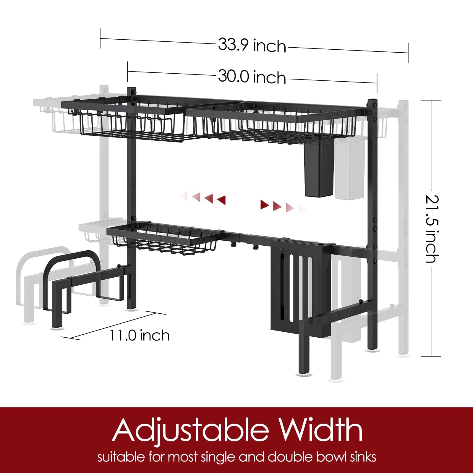 Sakugi Dish Drying Rack Over The Sink – Large Capacity Stainless Steel Dish Drainer, Multifunctional Kitchen Organizer, Black, 28 × 76–86 × 54 cm (D × W × H)