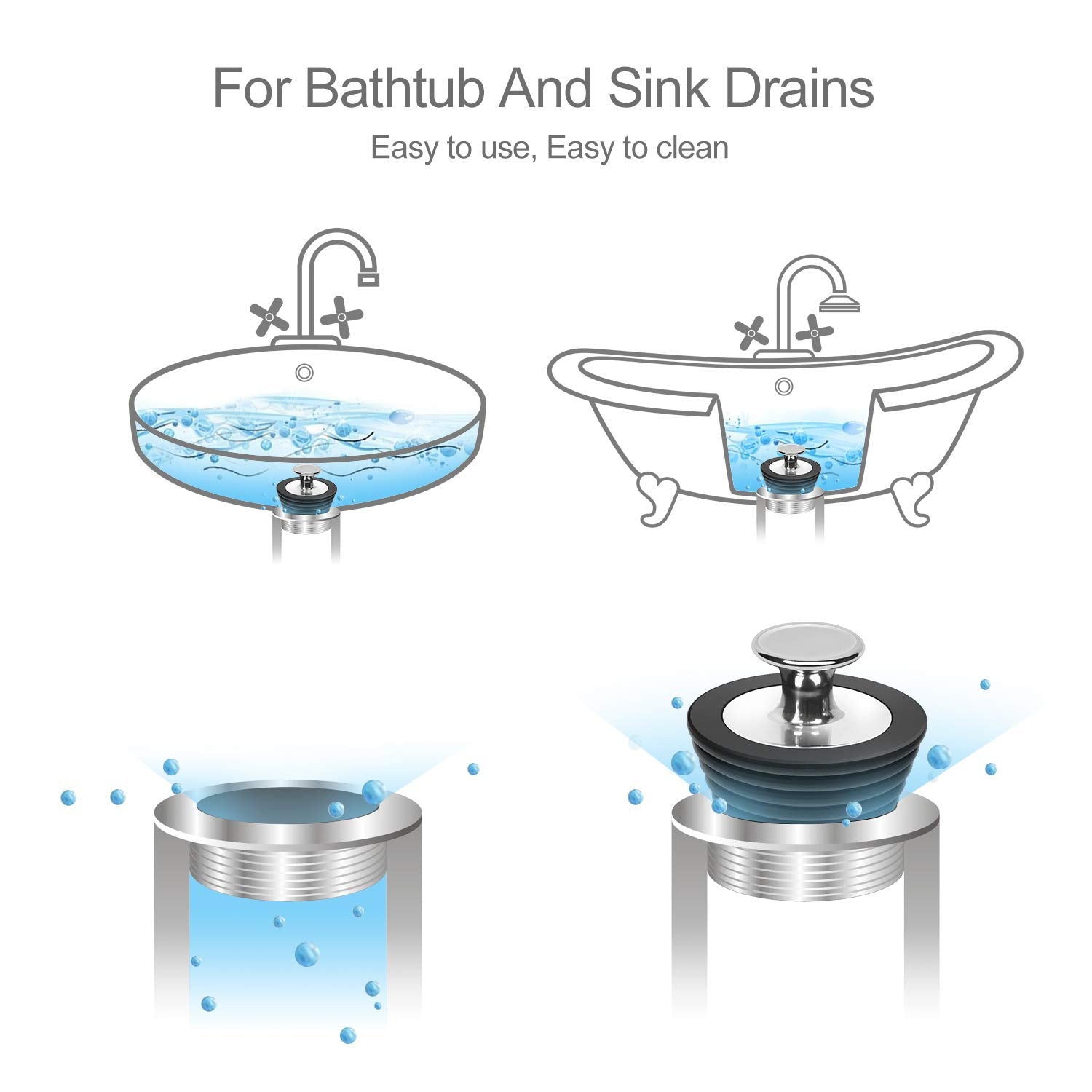 LEKEYE Universal Bathtub Stopper for Bathtub and Bathroom Sink Drains, Black and Gray-2 Pack