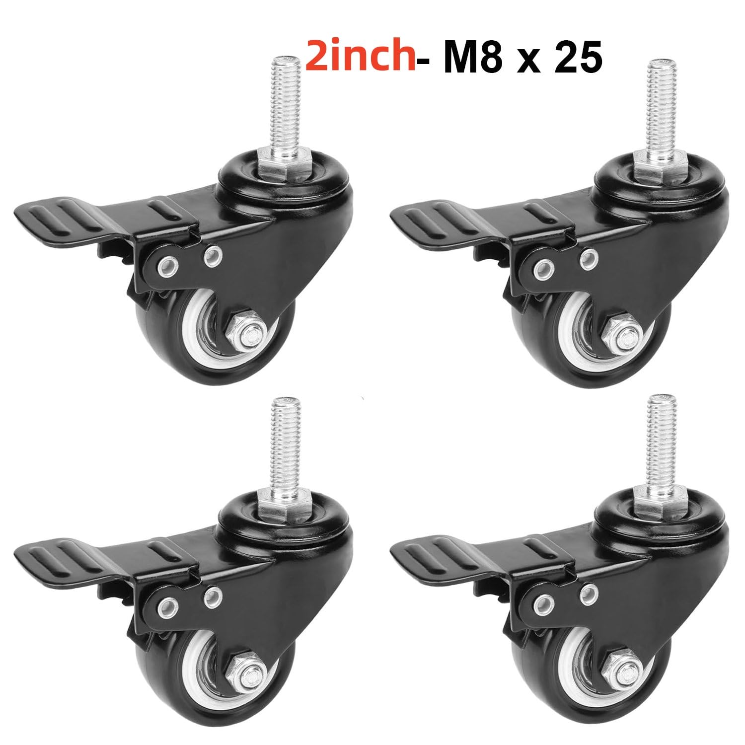 Set of 4 Stem Caster Wheels Swivel Castors 2" with Brakes Heavy Duty Furniture Casters No Noise Wheel for Workbench Furniture DIY Carts