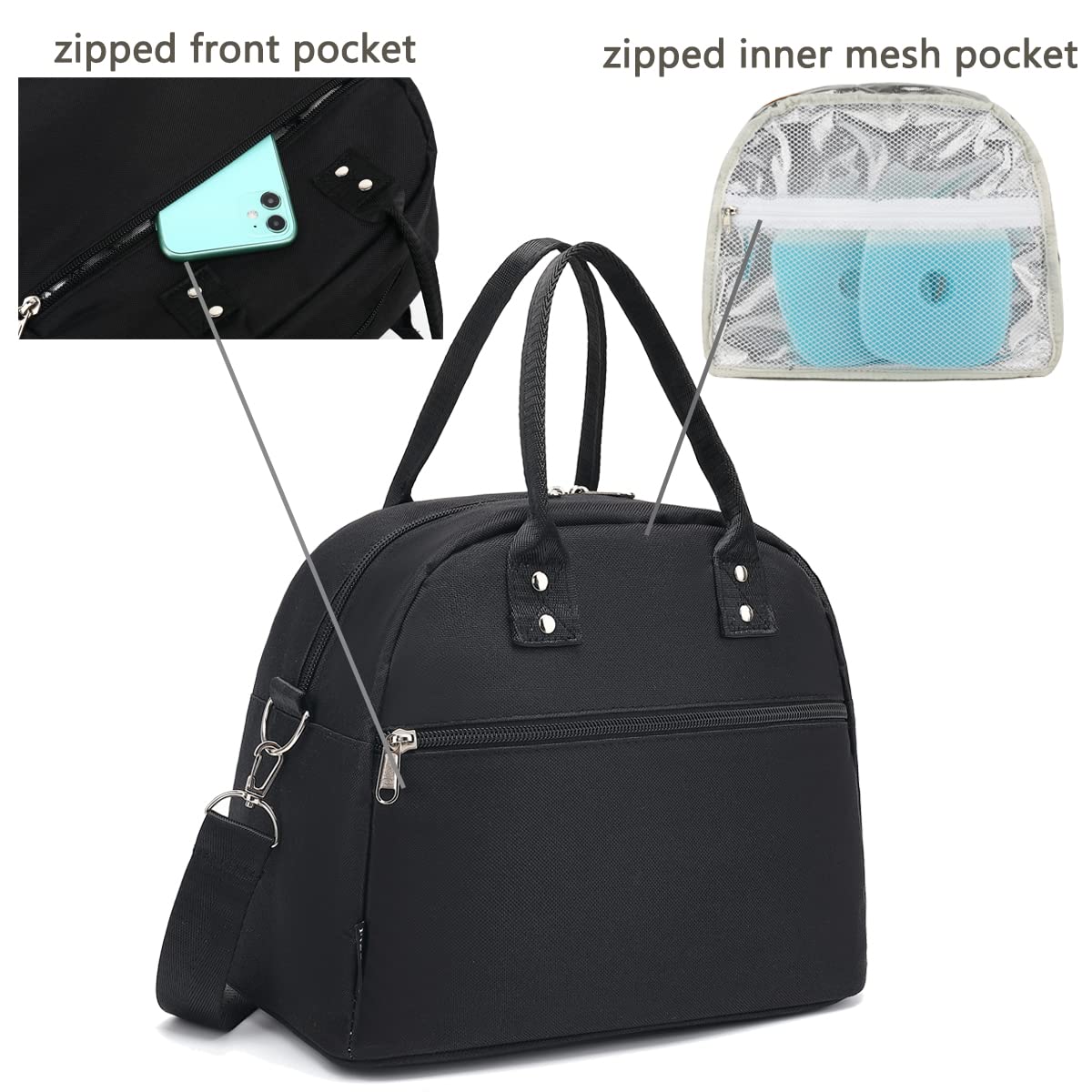 FlowFly Insulated Lunch Bag with Adjustable & Removable Shoulder Strap for Women, Men, and Kids, Large and Reusable, Handle, Work and School Travel Tote and Meal Prep Organizer,Black
