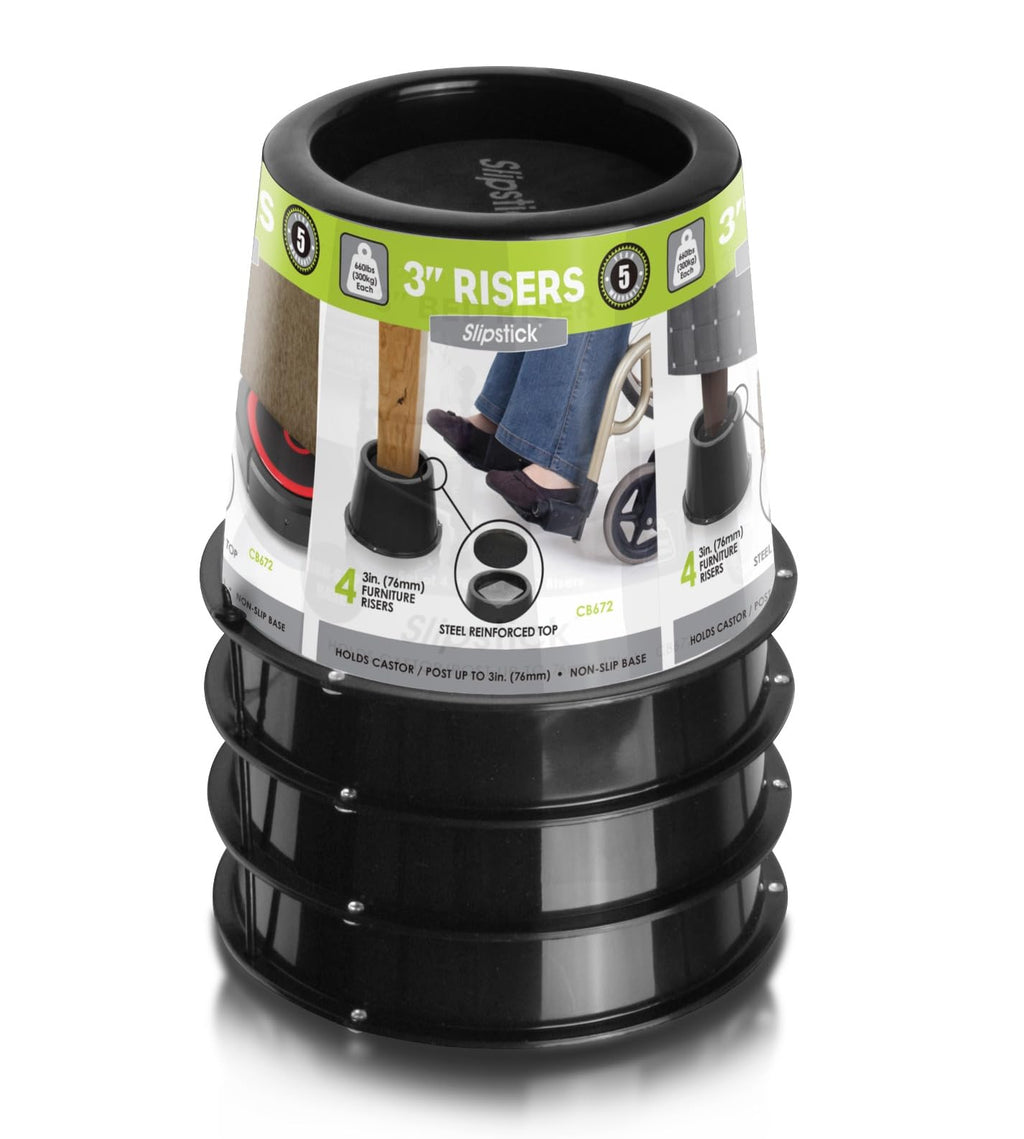 Slipstick 3 Inch (76mm) Bed Risers/Furniture Raisers with Steel Reinforced Holder Top, Lifts Height 3" (4 Pack) Supports 2,640 Pounds (1,200kg), Black, CB672