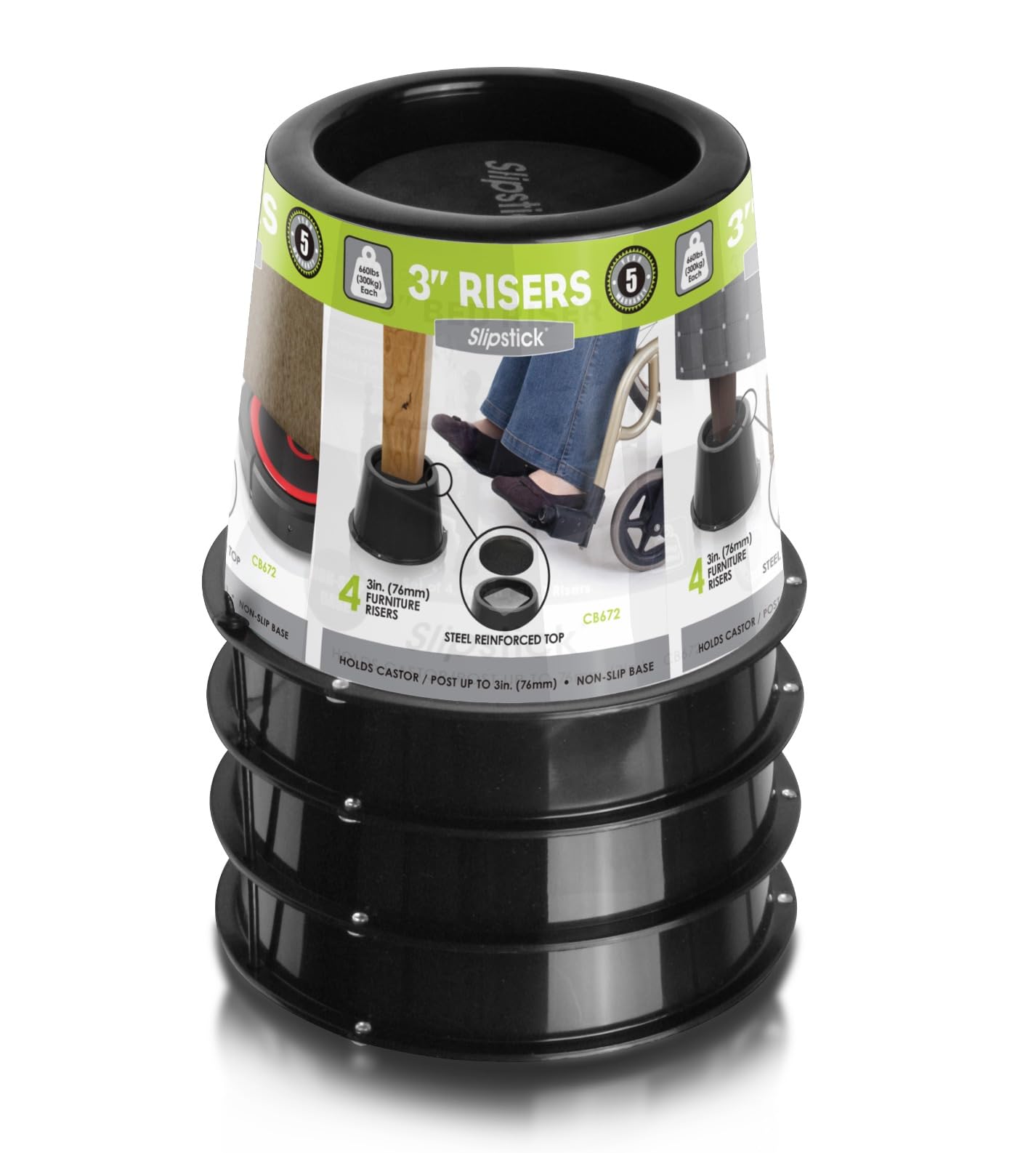 Slipstick 3 Inch (76mm) Bed Risers/Furniture Raisers with Steel Reinforced Holder Top, Lifts Height 3" (4 Pack) Supports 2,640 Pounds (1,200kg), Black, CB672