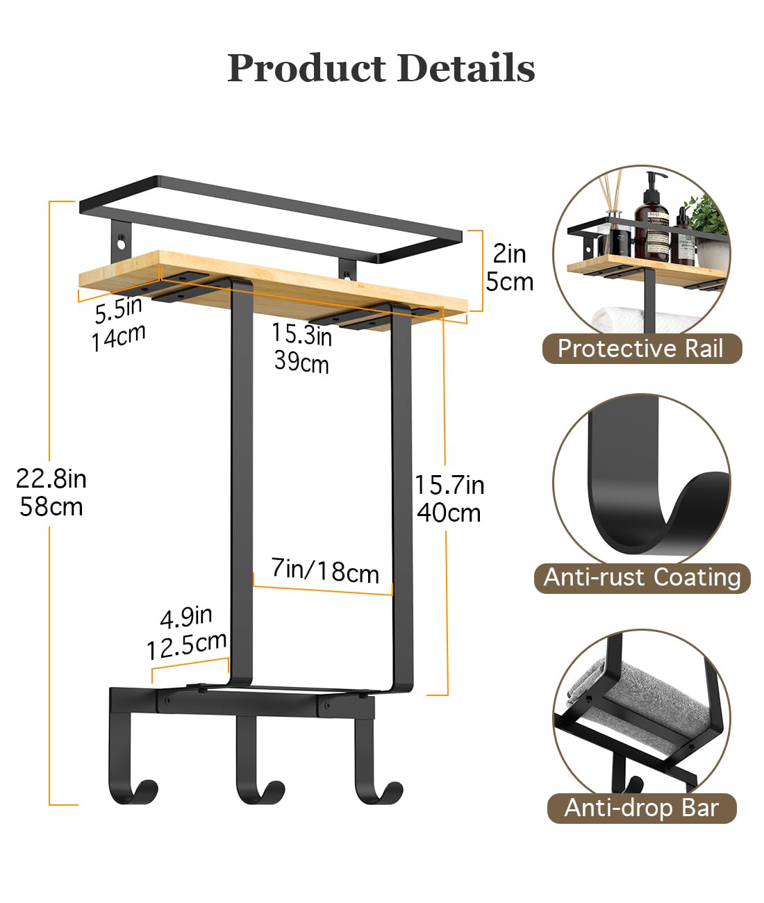 Luxspire Towel Racks for Bathroom Wall Mounted, Towel Holder Wall Mounted with Wooden Floating Shelf & 3 Metal Hooks, Rolled Towel and Hand Towel Rack for Bathroom, Black + Wood