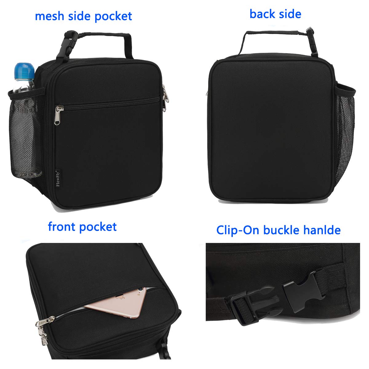 FlowFly Kids Lunch Box Insulated Soft Bag Mini Cooler Back to School Thermal Meal Tote Kit for Girls, Boys, Black