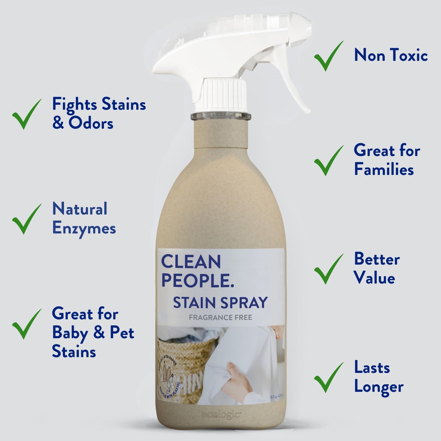 THE CLEAN PEOPLE Stain Remover Spray - Natural Plant & Mineral-Based Ingredients - Non-Toxic Laundry Spot Treatment - Boosted with Enzymes - Fabric Safe (16 Fl Oz (Pack of 1))