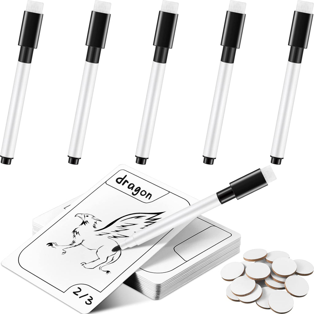 24 Pieces Double Sided Reusable Dry Rubbing Cards with Markers and Round Tokens, Portable Erasable Describable Blank Cards for Adult Group Activities