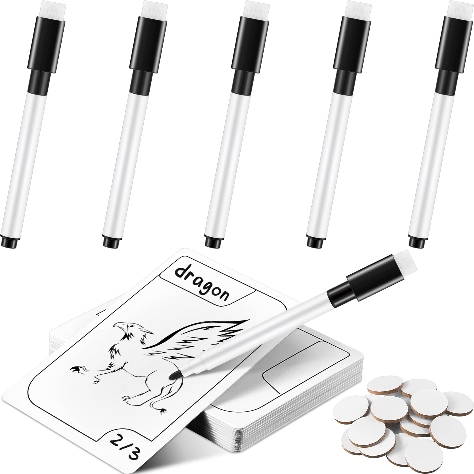 24 Pieces Double Sided Reusable Dry Rubbing Cards with Markers and Round Tokens, Portable Erasable Describable Blank Cards for Adult Group Activities