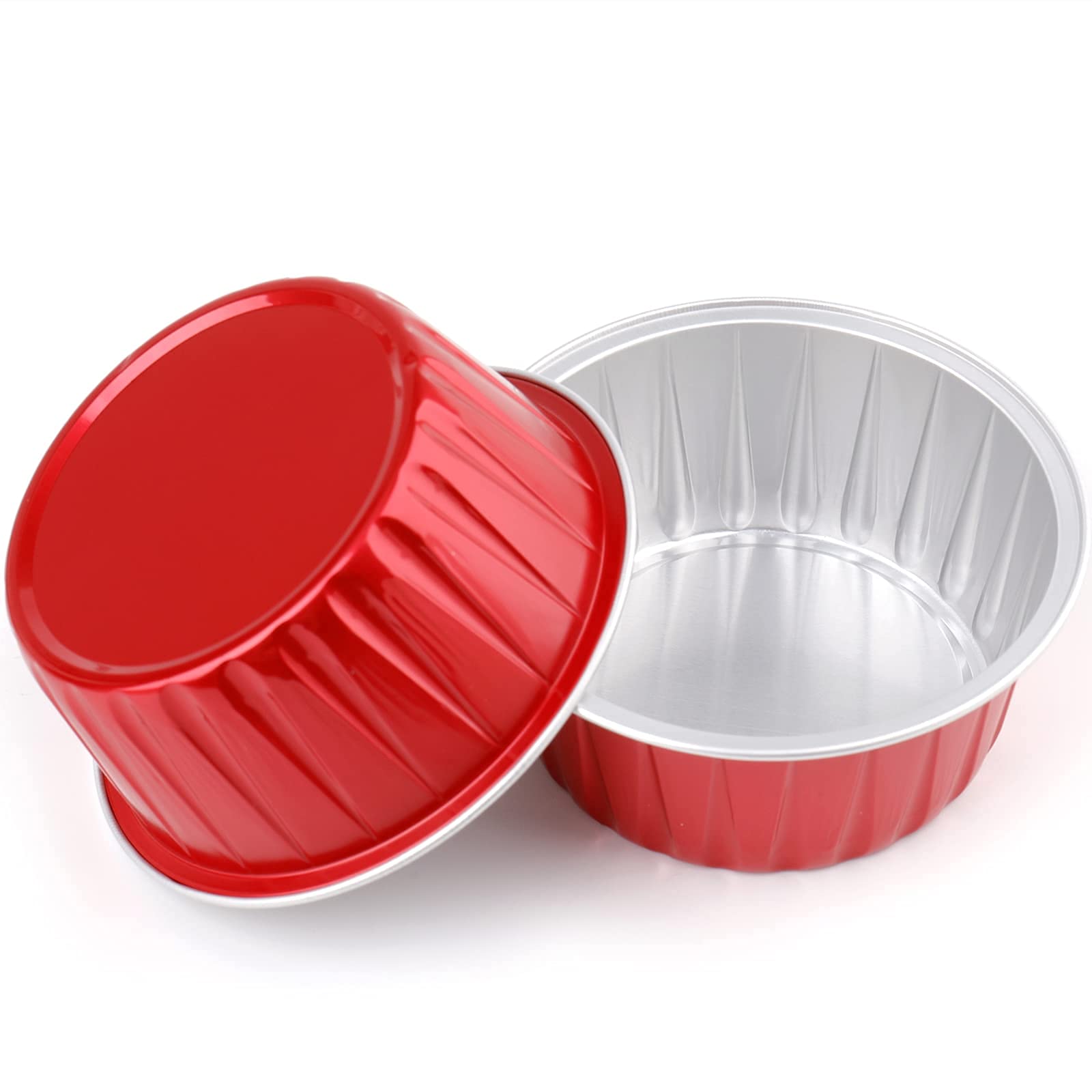DEAYOU 100 Pieces Aluminum Foil Baking Cups with Lids, 5oz Disposable Ramekins Muffin Cups, 3" Cupcake Foil Liners Tart Pie Tin Pan Holder for Pudding, Souffle, Party, Wedding, Red Color