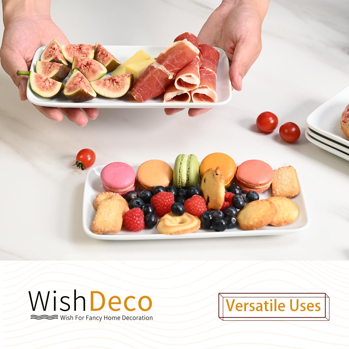 WishDeco Small Rectangle Serving Platters Set of 6, Ceramic Serving Dishes 9 inch / 23 cm, White Serving Tray for Salad, Dessert, Sushi, Party, Side Dish