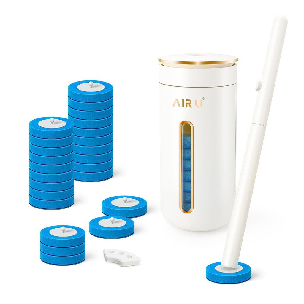 AIR U+ Disposable Toilet Brush Set, Toilet Bowl Cleaning System- 1 Toilet Wand, 1 Storage Caddy, 1 Fragrant Tablet and 24 Brush Refill Heads for Bathroom Cleaning