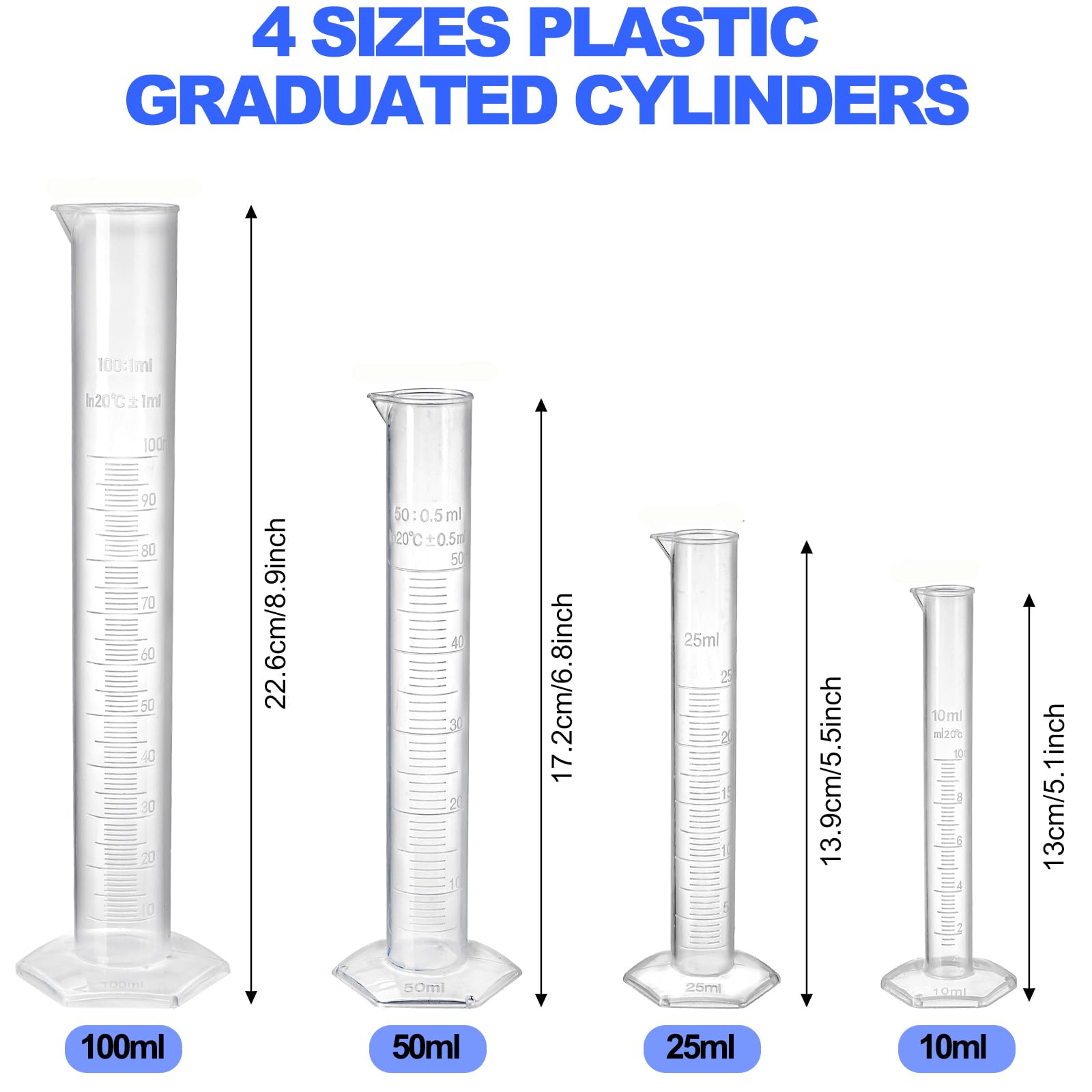 Bekith 18 Pack Plastic Clear Graduated Cylinders and Measuring Beakers Set, 10ml, 25ml, 50ml, 100ml Cylinders with 50ml, 100ml, 250ml, 500ml, 1000ml Beakers
