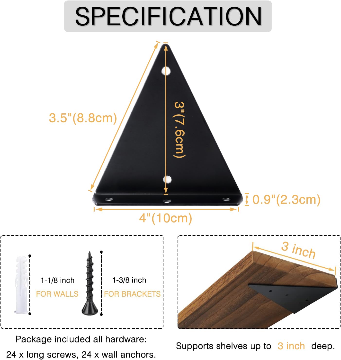 OVOV Triangle Shelf Brackets 3 inch 4 Pack Heavy Duty Floating Shelf Bracket Metal Hidden Brackets for Shelves Decorative Shelves Support （Black