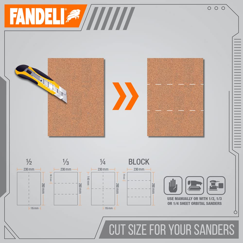 Fandeli | Multi-Purpose Sanding Paper | Assorted Grits (80,120,220) | 25 Sheets of 23 cm x 28 cm | Perfect for Sanding Metal and Sanding Wood | Hand Sanding | Orbital Sanders